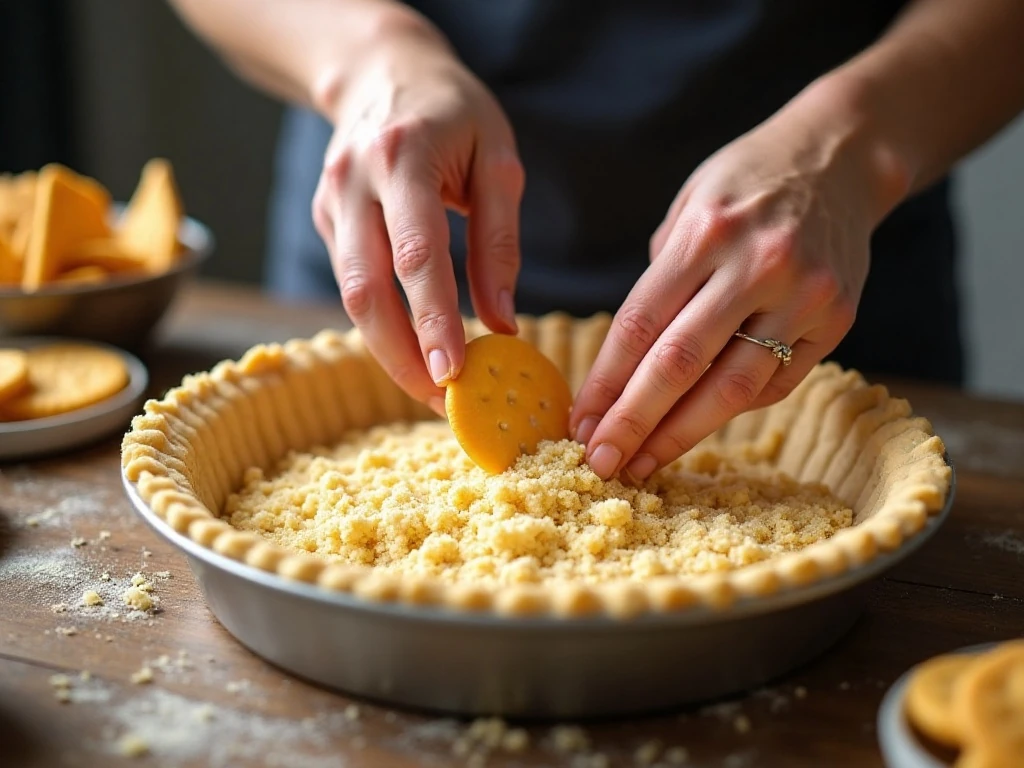 Pressing the coarse saltine crust into a pie plate
