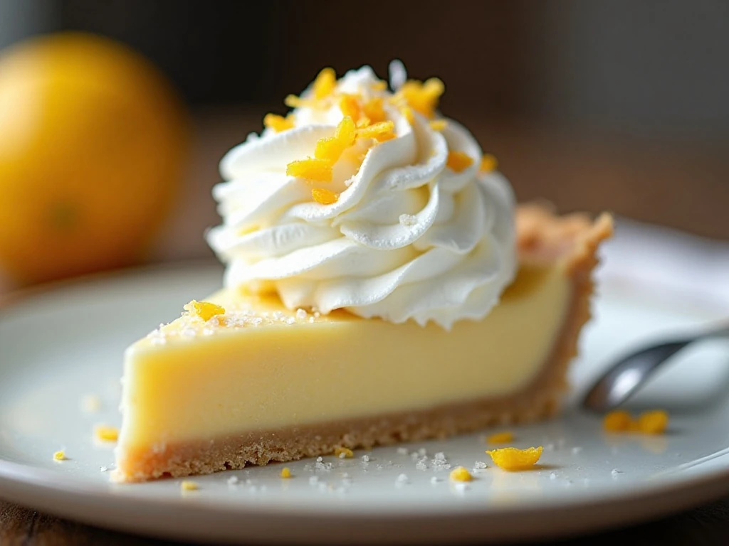 Close-up slice of Atlantic Beach Pie with whipped cream and citrus zest