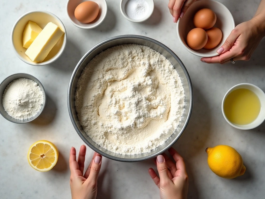 Ingredients for Aunt Martha's lemon bars arranged on a kitchen counter