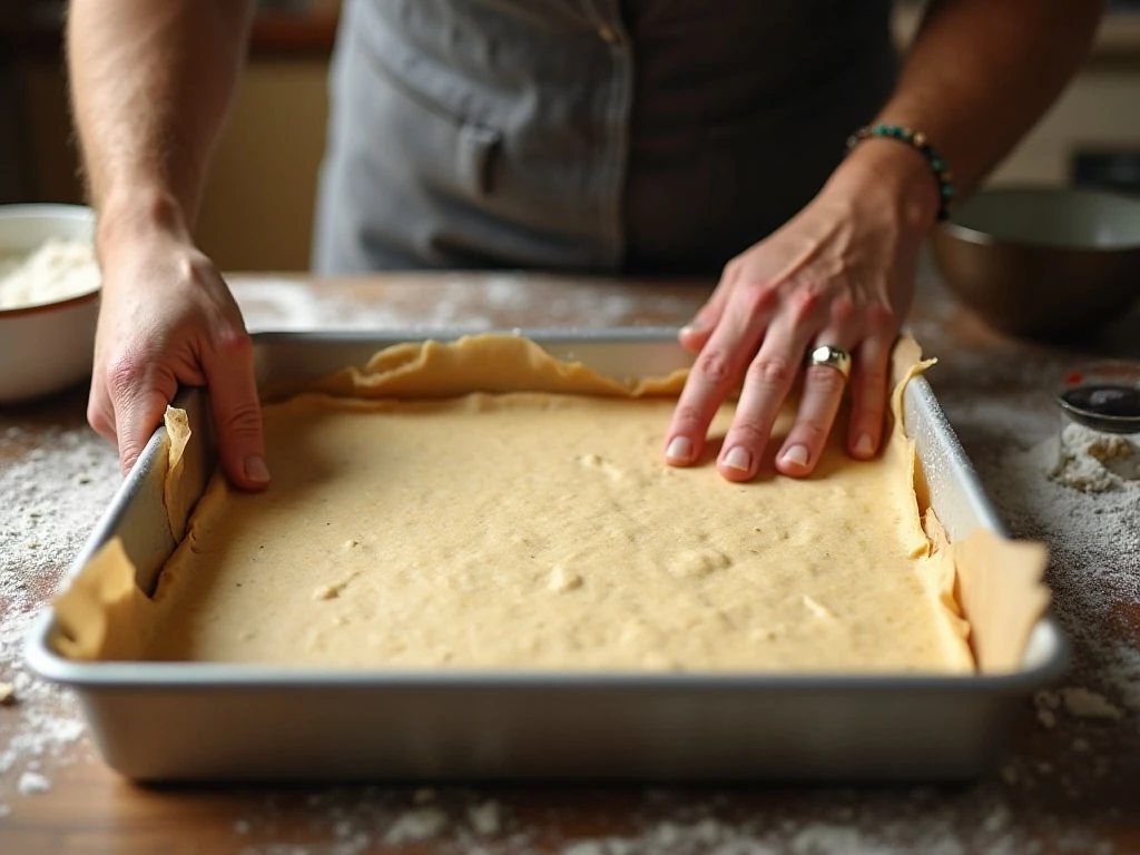 Pressing shortbread crust into a parchment-lined baking pan
