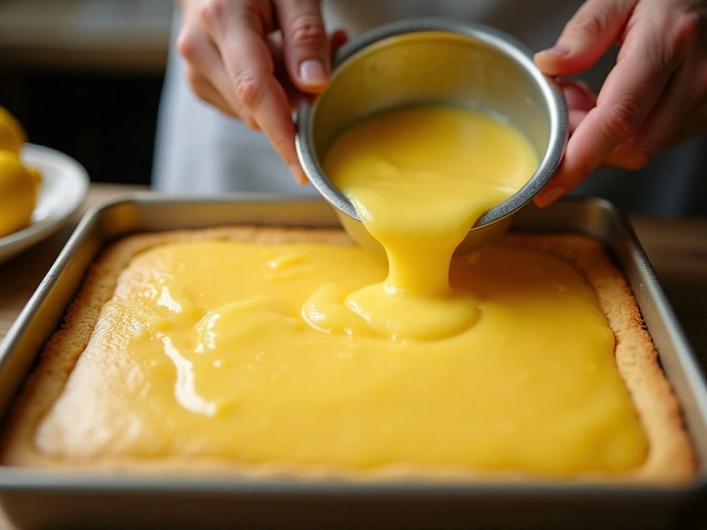 Pouring lemon filling over a hot baked shortbread crust