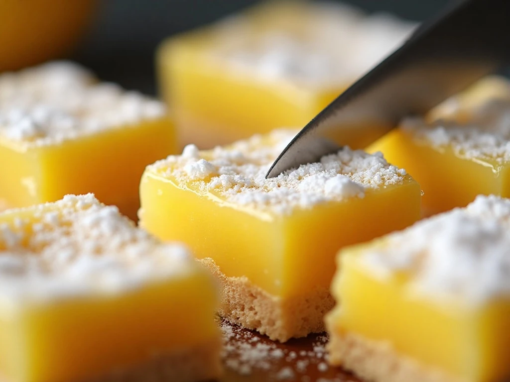 Cleanly cut lemon bars dusted with confectioners' sugar
