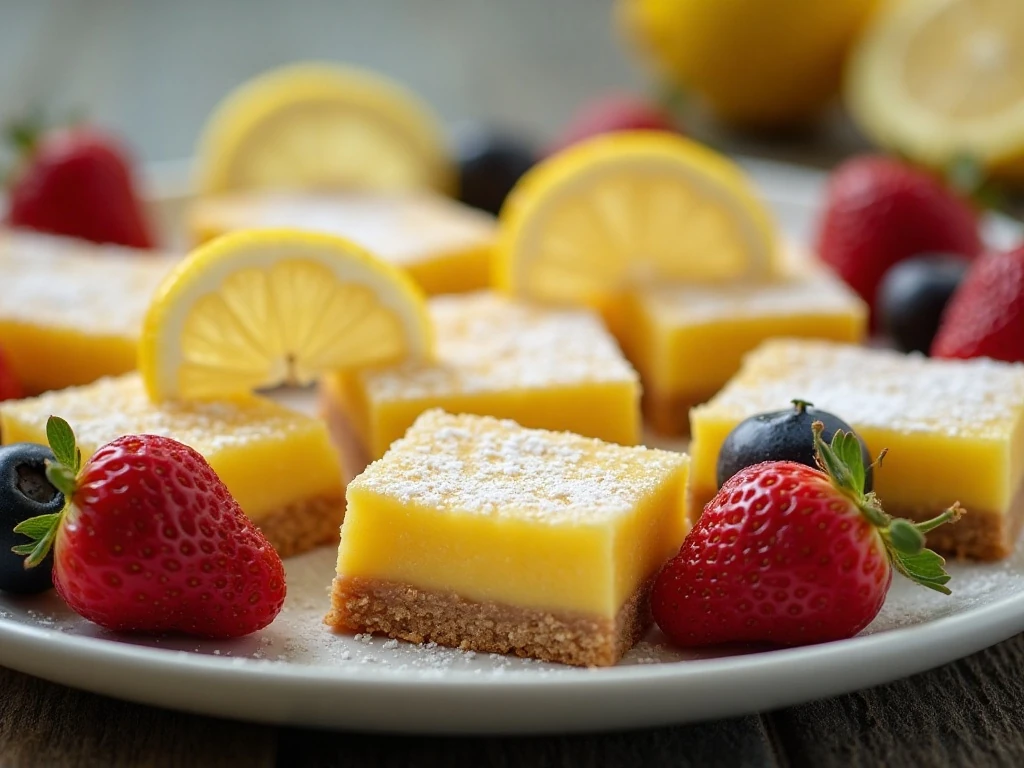Lemon bars arranged on a dessert platter with berries and lemon slices