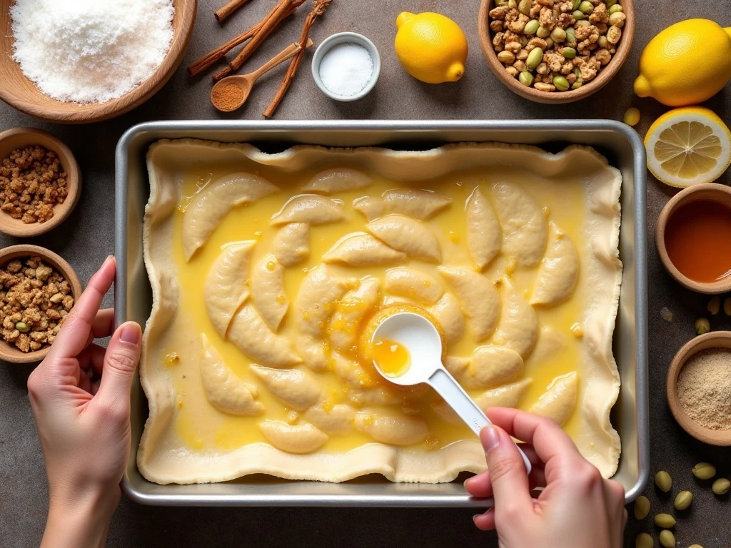 Ingredients for homemade baklava arranged beside a baking pan