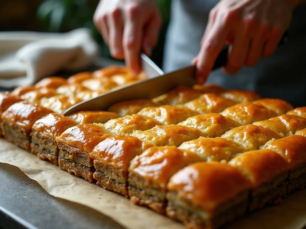 Baklava being cut into diamonds before baking