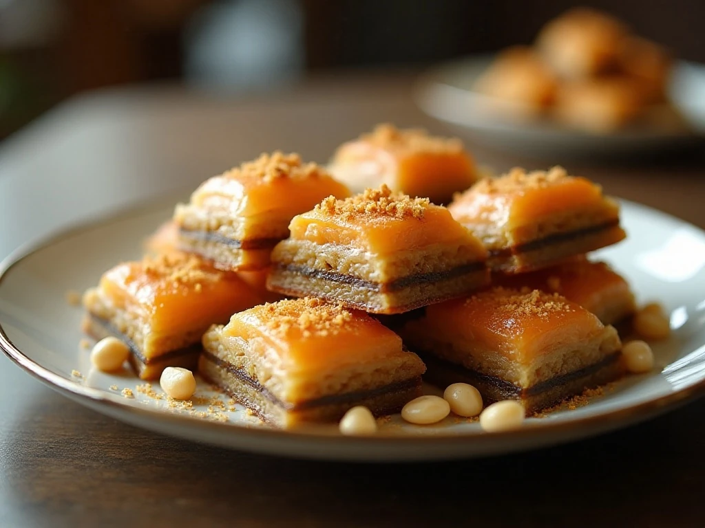 Golden baklava pieces arranged on a serving platter