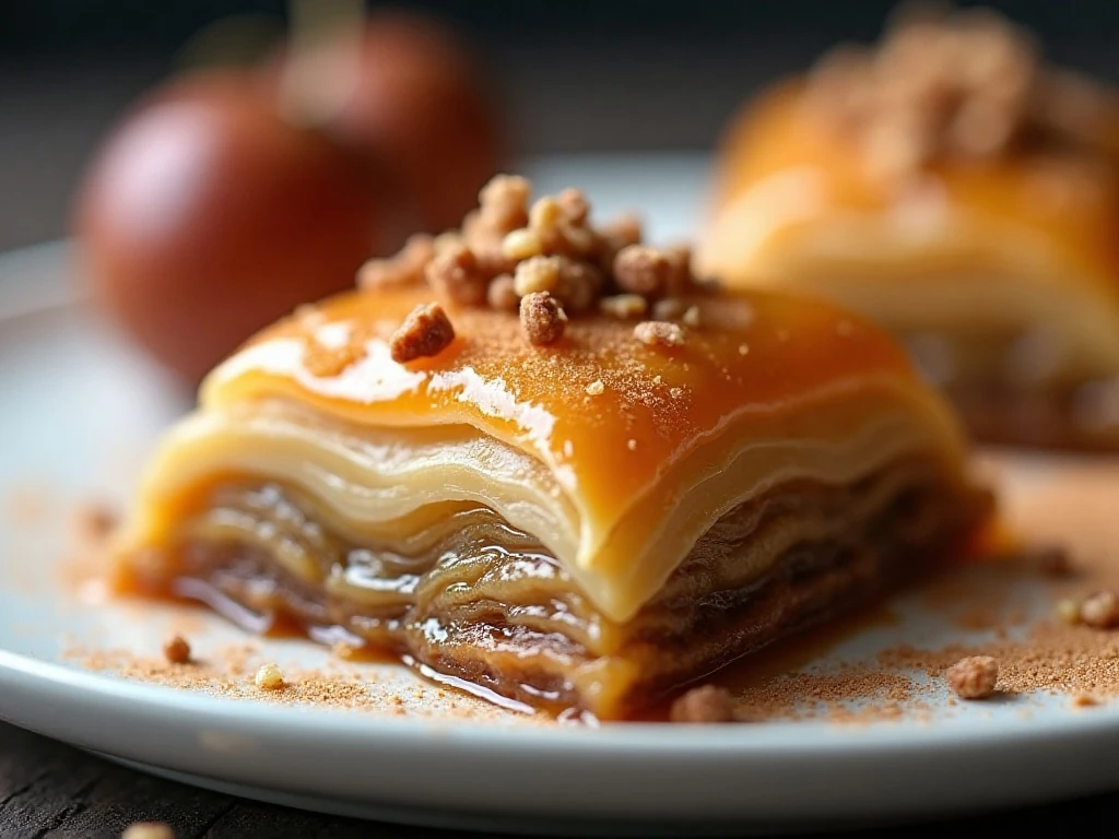 Close-up of flaky baklava layers and nut filling