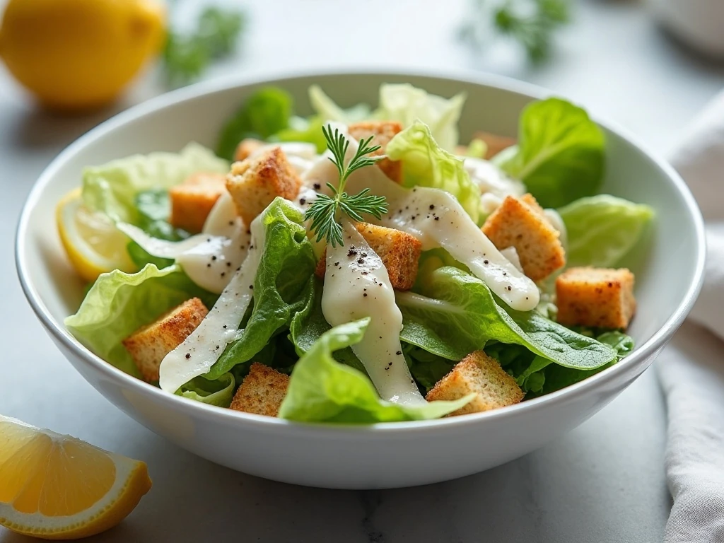 Classic Caesar salad coated in homemade creamy Caesar dressing