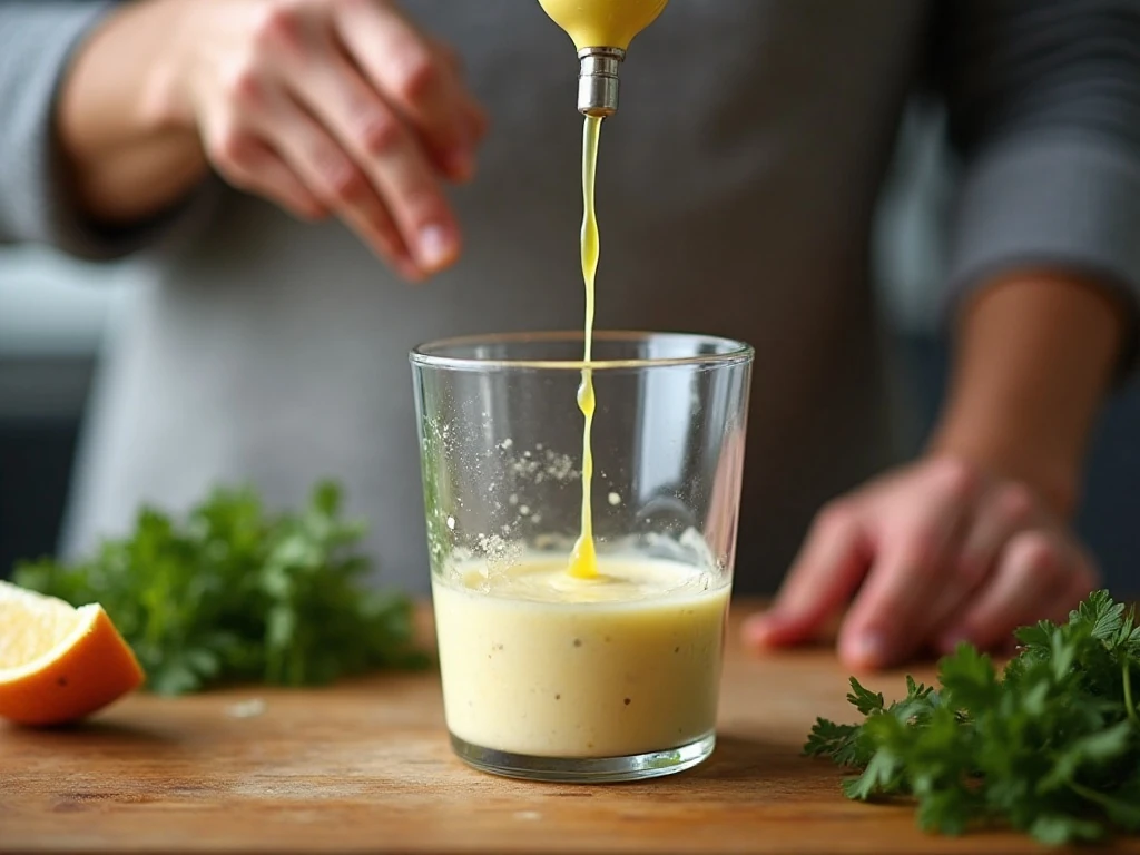 Blending olive oil into Caesar dressing with an immersion blender