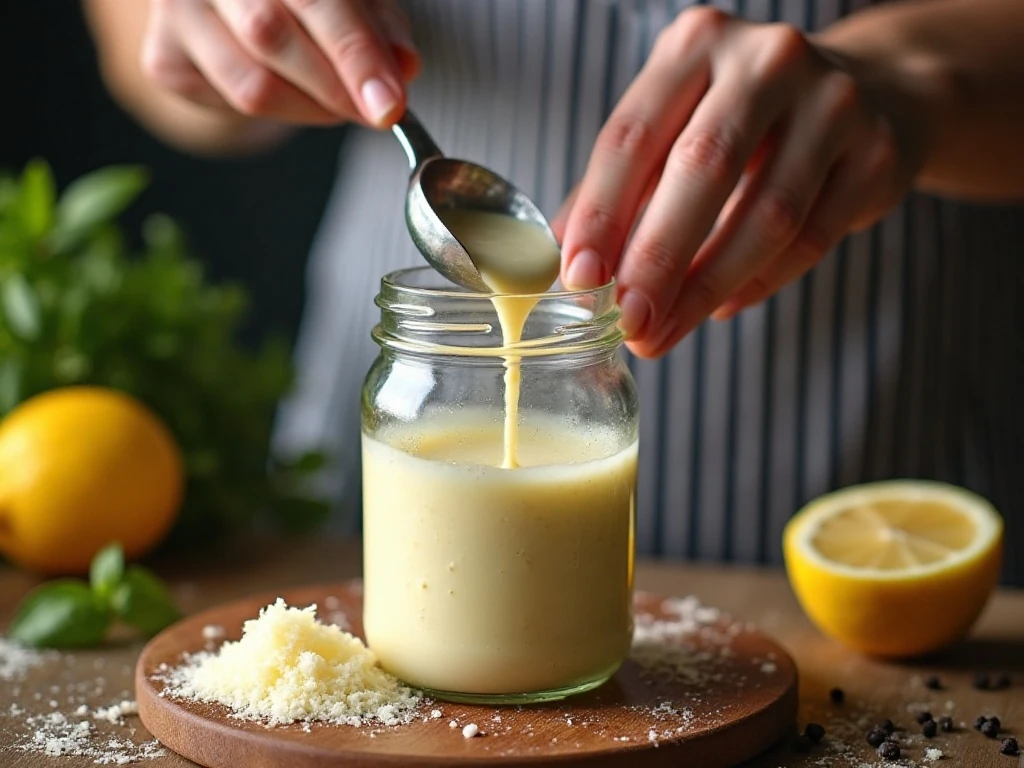 Smooth lightly thickened Caesar dressing in a narrow blending container