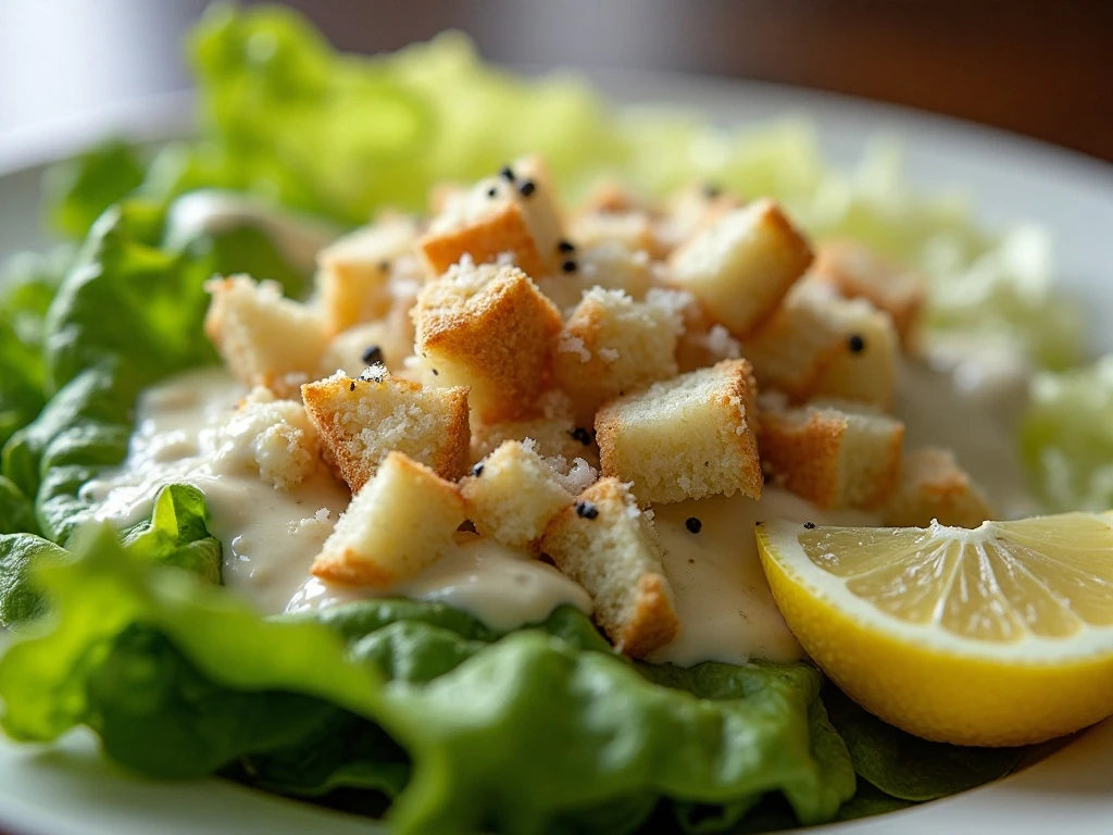 Romaine salad with Caesar dressing, Parmesan, croutons, and black pepper