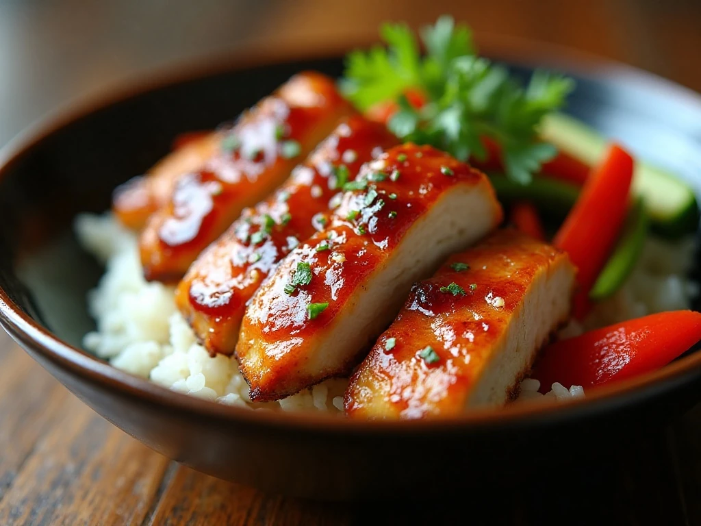 Sliced authentic chicken teriyaki served over steamed rice