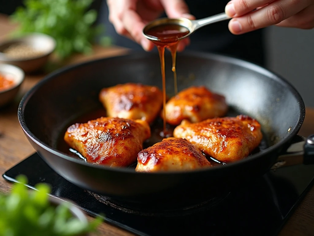 Chicken thighs searing in a skillet for teriyaki