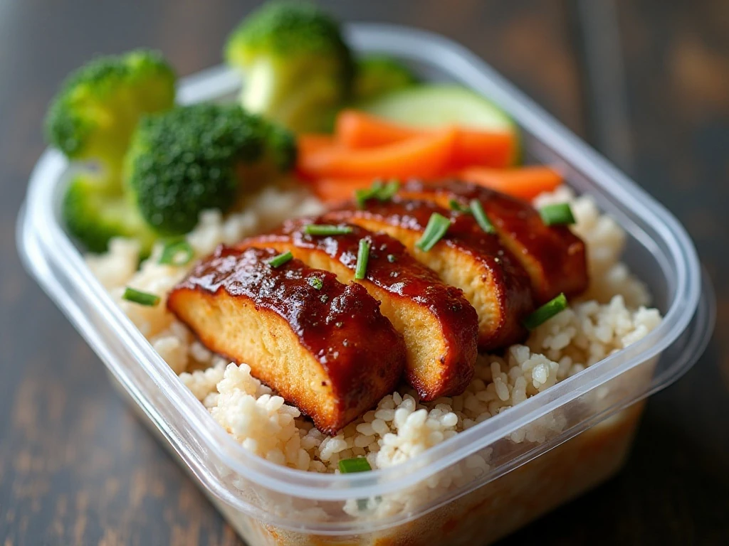 Stored chicken teriyaki with rice and vegetables