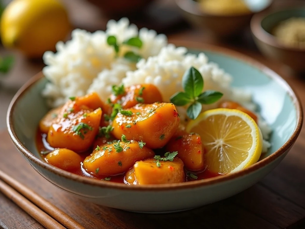Crisp Chinese lemon chicken with glossy sauce and steamed rice