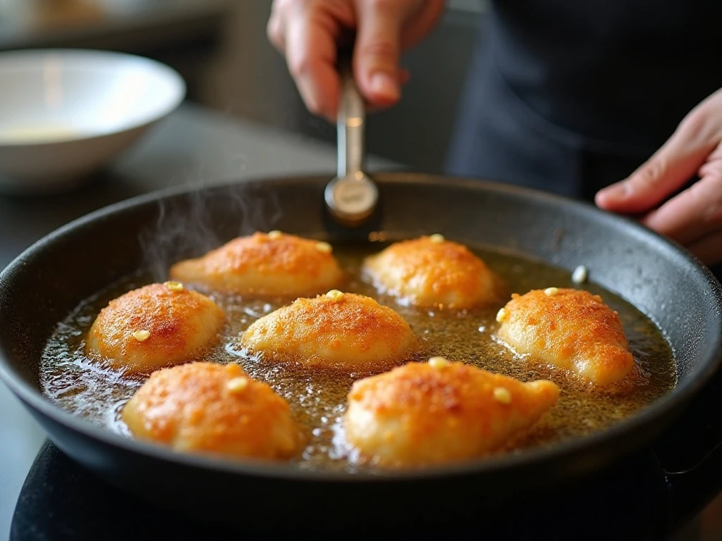 Chicken pieces frying until crisp and golden