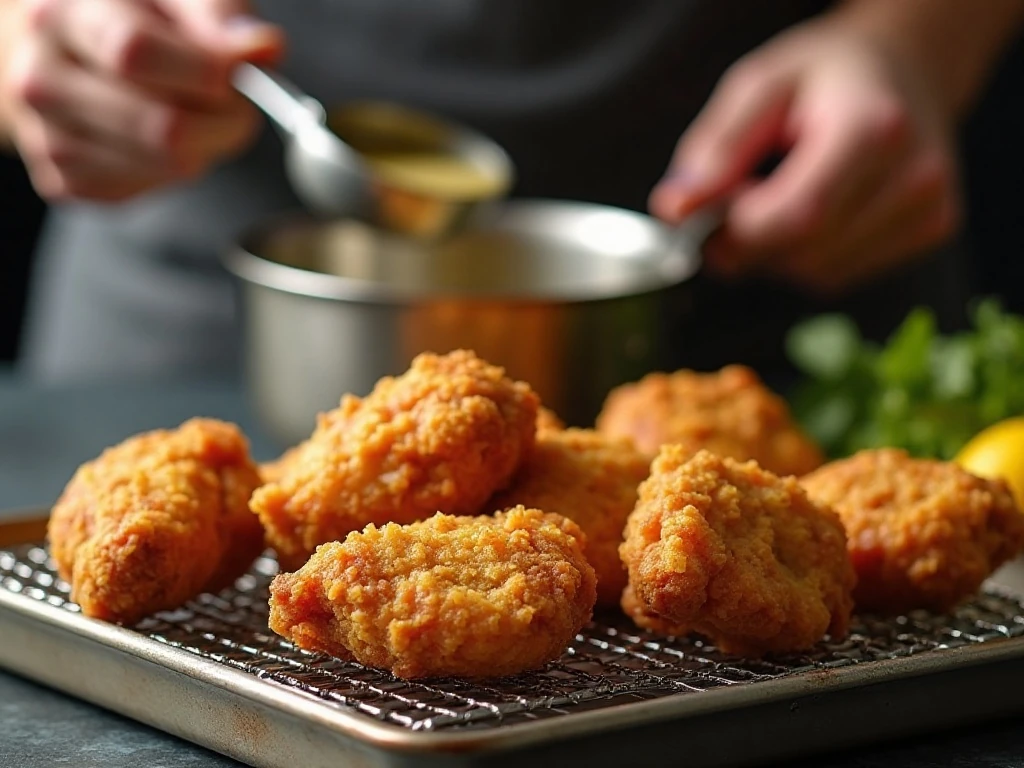Crisp fried chicken draining on a wire rack
