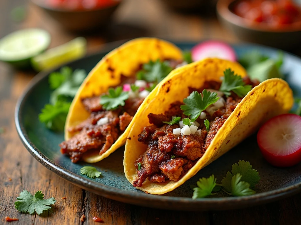 Crispy and tender pork carnitas tacos with fresh toppings
