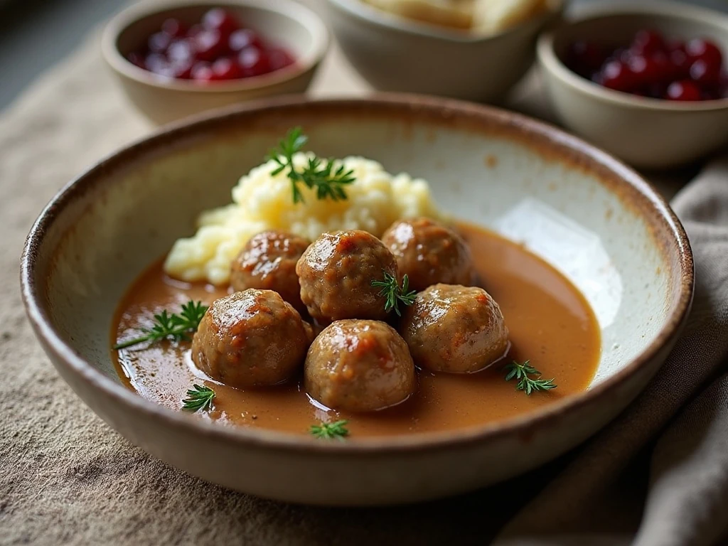 Authentic Swedish meatballs with cream sauce, mashed potatoes, and lingonberry jam