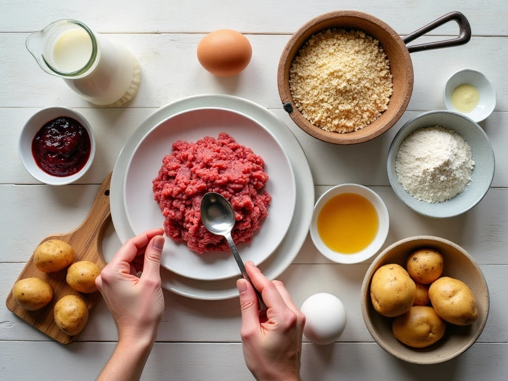 Ingredients for homemade Swedish meatballs and cream sauce