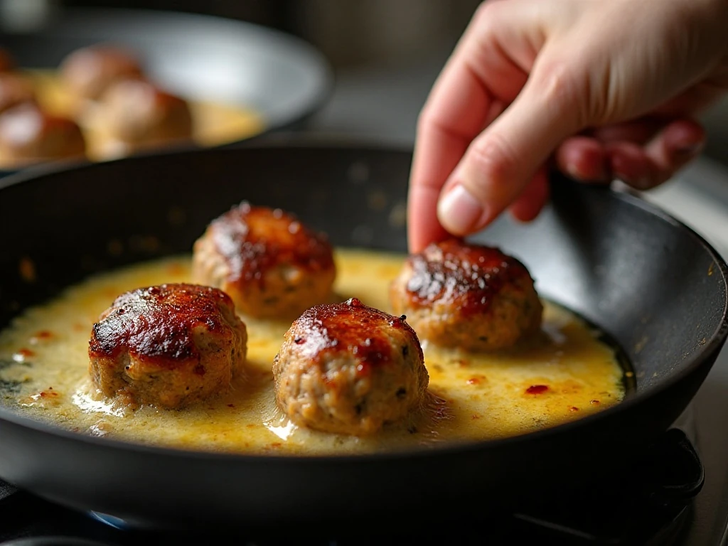Swedish meatballs browning in a skillet before the cream sauce is added