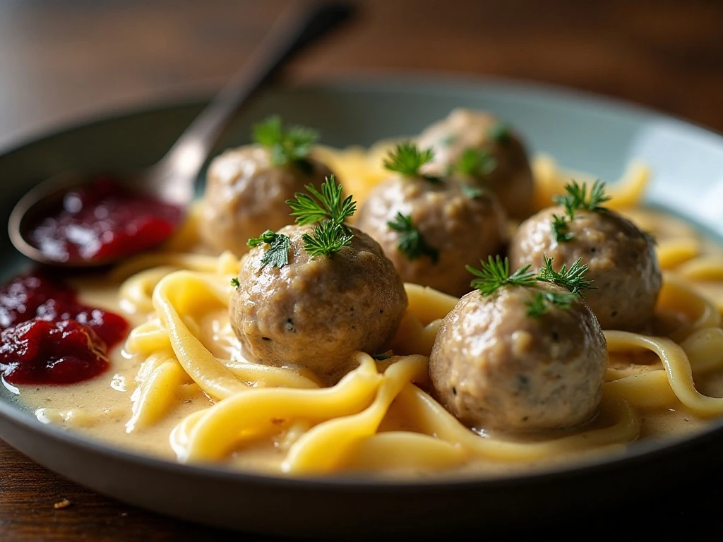Swedish meatballs garnished with herbs and served with lingonberry jam