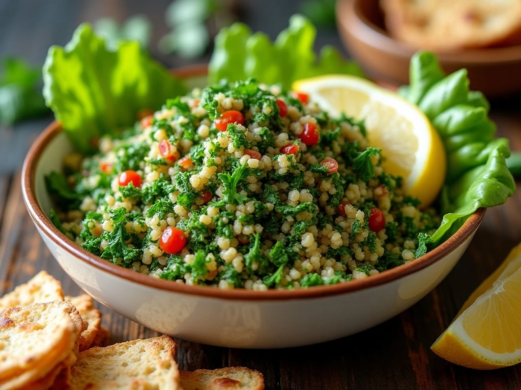 Fresh authentic Lebanese tabbouleh served with romaine leaves