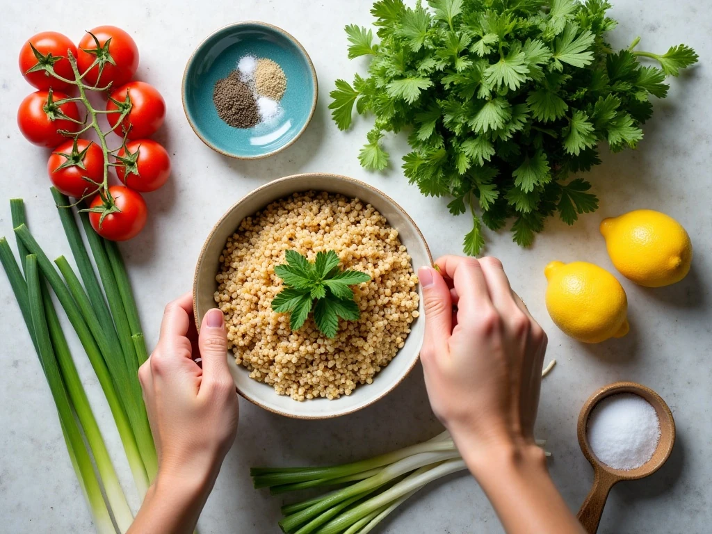 Ingredients for authentic tabbouleh with parsley, mint, tomatoes, bulgur, and lemon