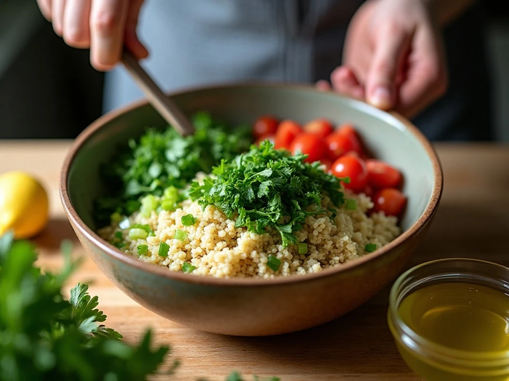Preparing finely chopped herbs and bulgur for Lebanese tabbouleh