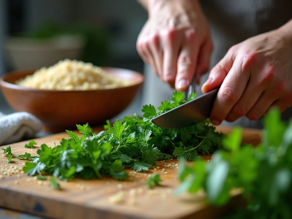 Drying and finely hand-chopping parsley and mint for tabbouleh