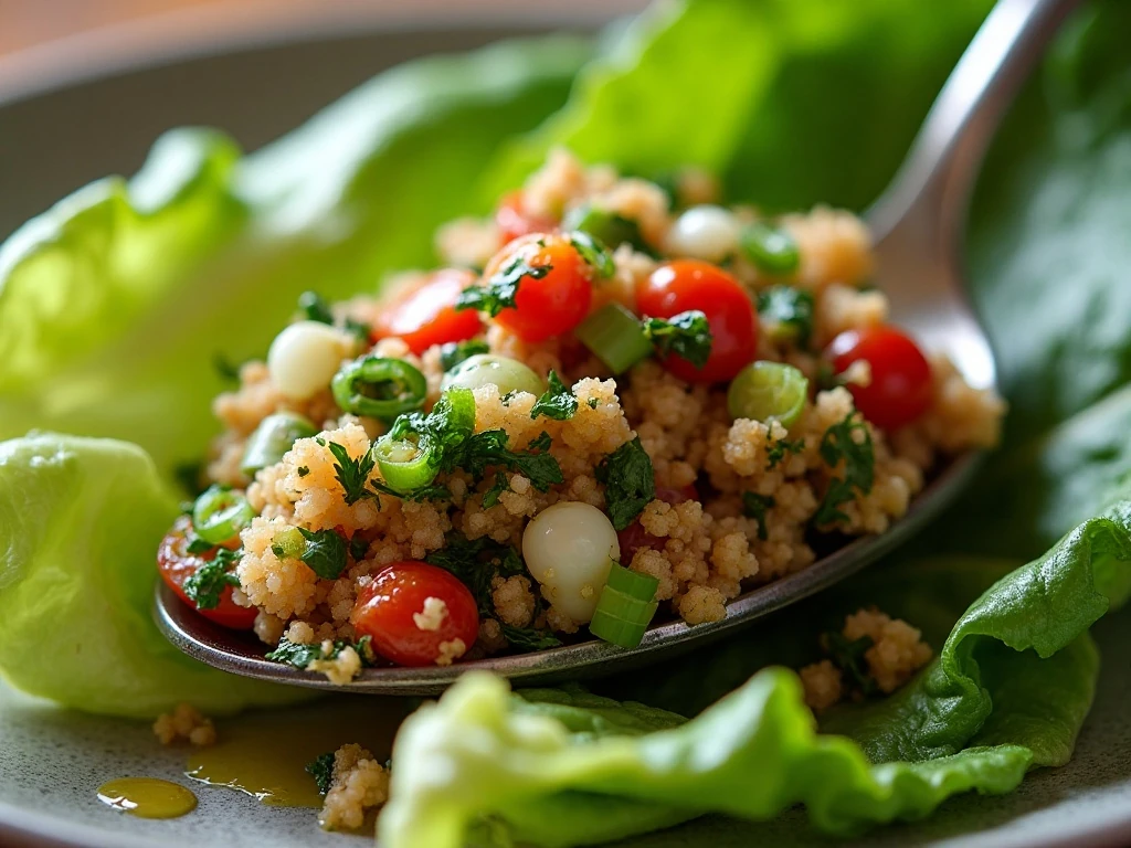 Tabbouleh scooped with romaine lettuce leaves