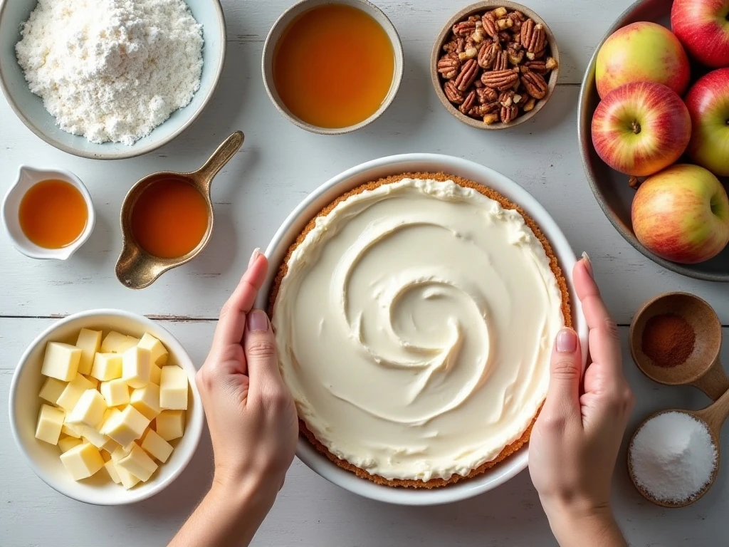 Ingredients for autumn apple cake with cream cheese frosting