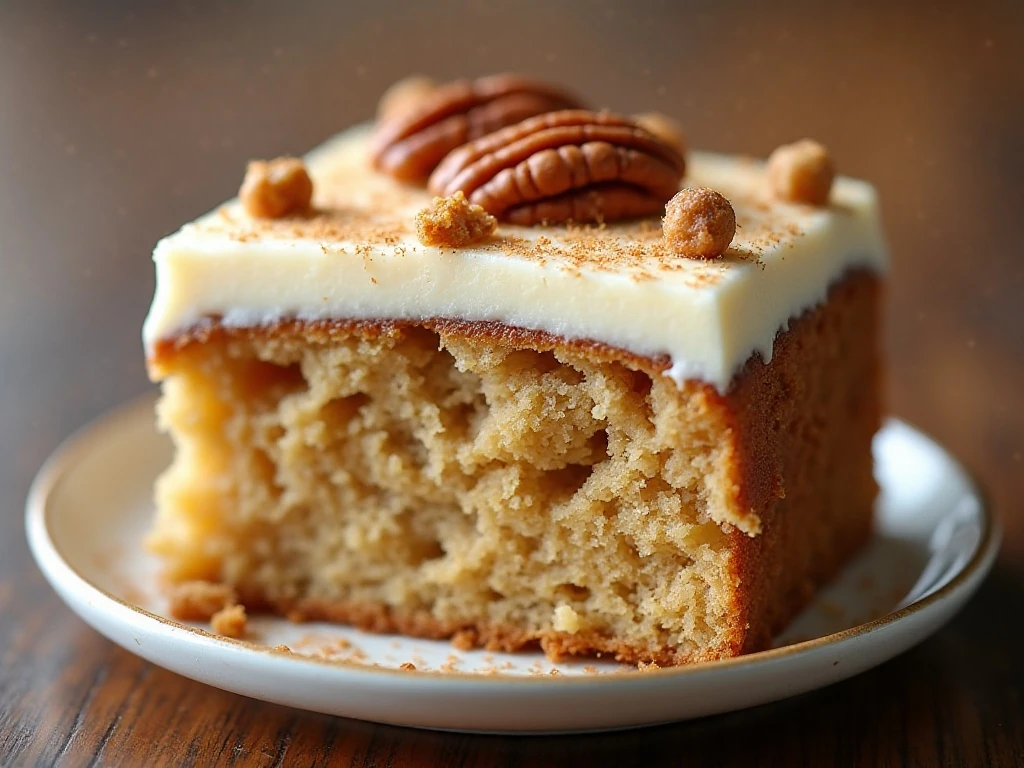 Close-up of moist apple cake crumb with apples and pecans