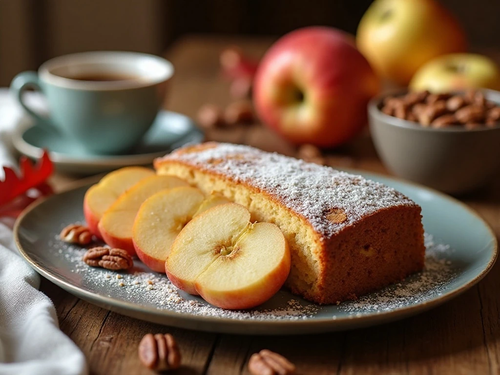Sliced apple cake ready to serve at an autumn gathering
