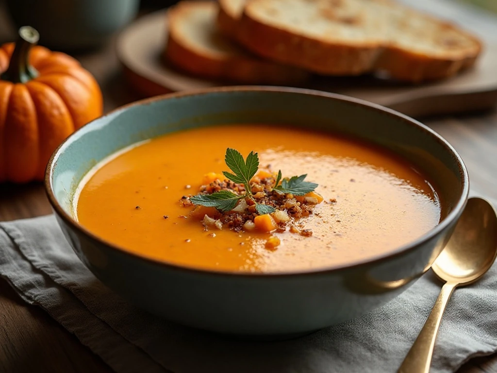 Cozy autumn harvest soup served with crusty bread