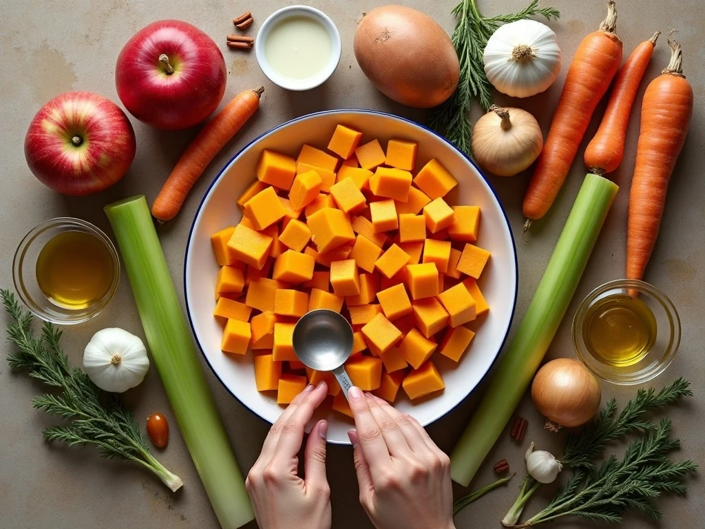 Ingredients for butternut squash sweet potato and apple harvest soup