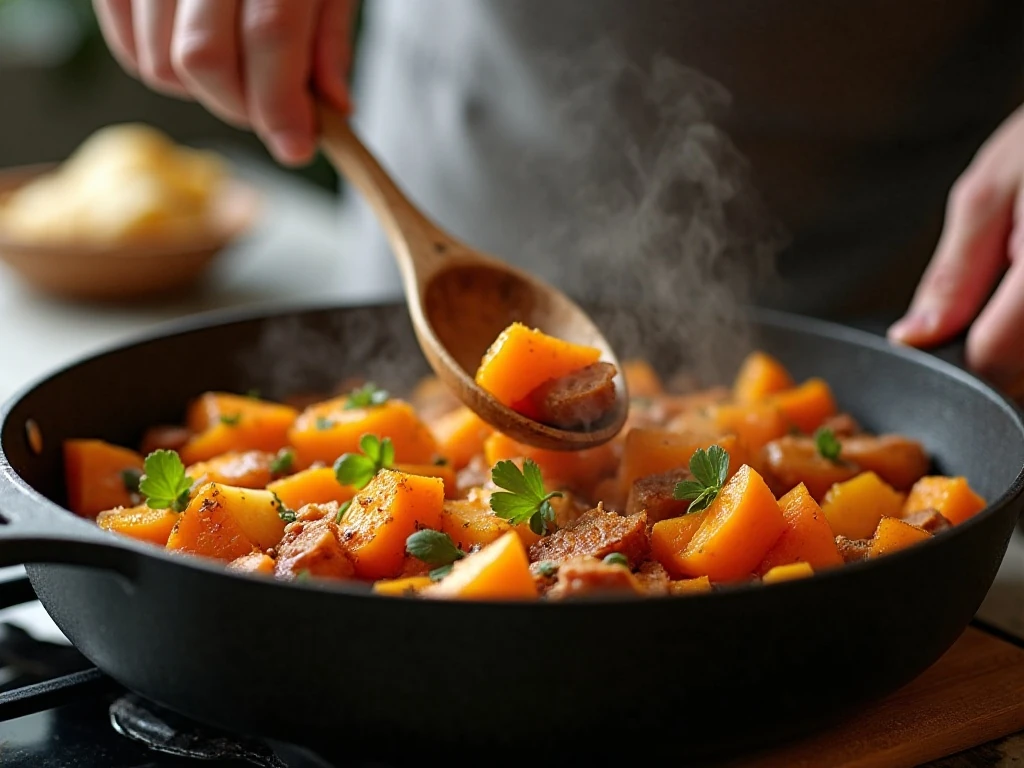 Vegetables simmering in a Dutch oven for autumn harvest soup