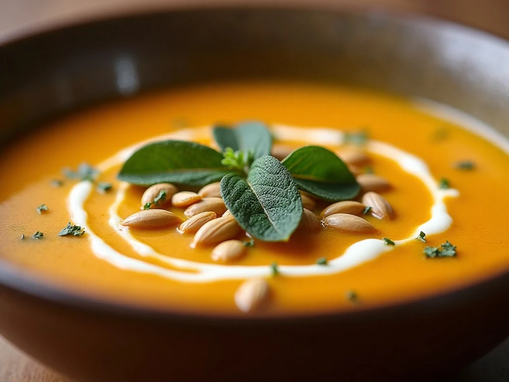 Pumpkin seeds herbs and cream garnishing autumn harvest soup