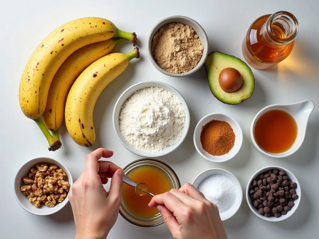 Ingredients for avocado banana muffins arranged on a countertop