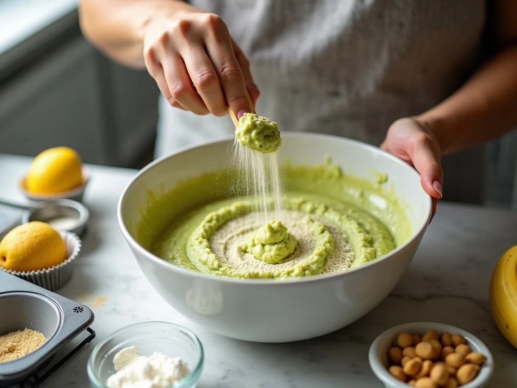 Folding dry ingredients into avocado banana muffin batter