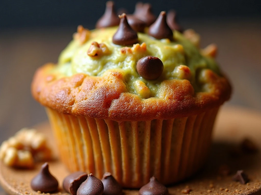 Close-up of a tender avocado banana muffin with chocolate chips