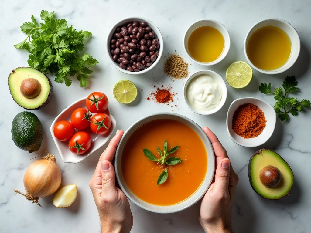 Ingredients for creamy avocado black bean tomato bisque