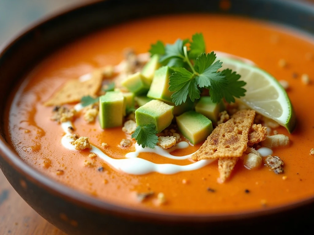Garnished avocado black bean tomato bisque with tortilla strips and queso fresco