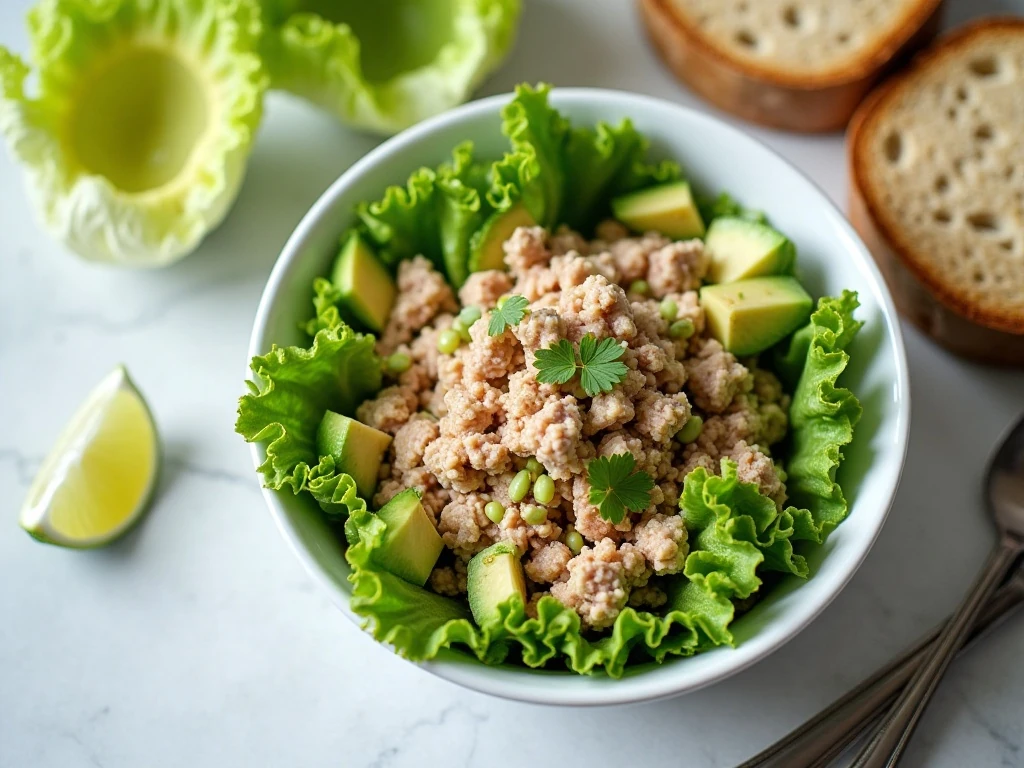 Healthy avocado tuna salad served with lettuce cups and toast