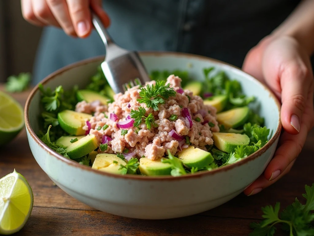 Mixing tuna and avocado salad ingredients in a bowl