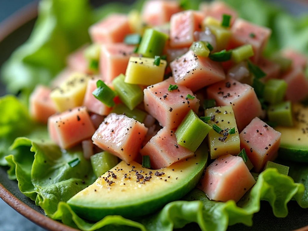 Close-up of chunky avocado tuna salad texture