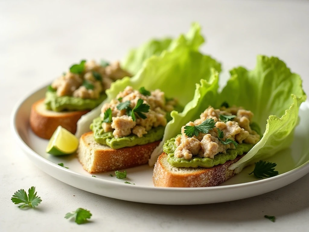 Avocado tuna salad in lettuce cups and on toast