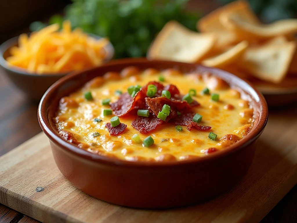 Hot creamy bacon and cheese dip surrounded by tortilla chips and toasted baguette slices
