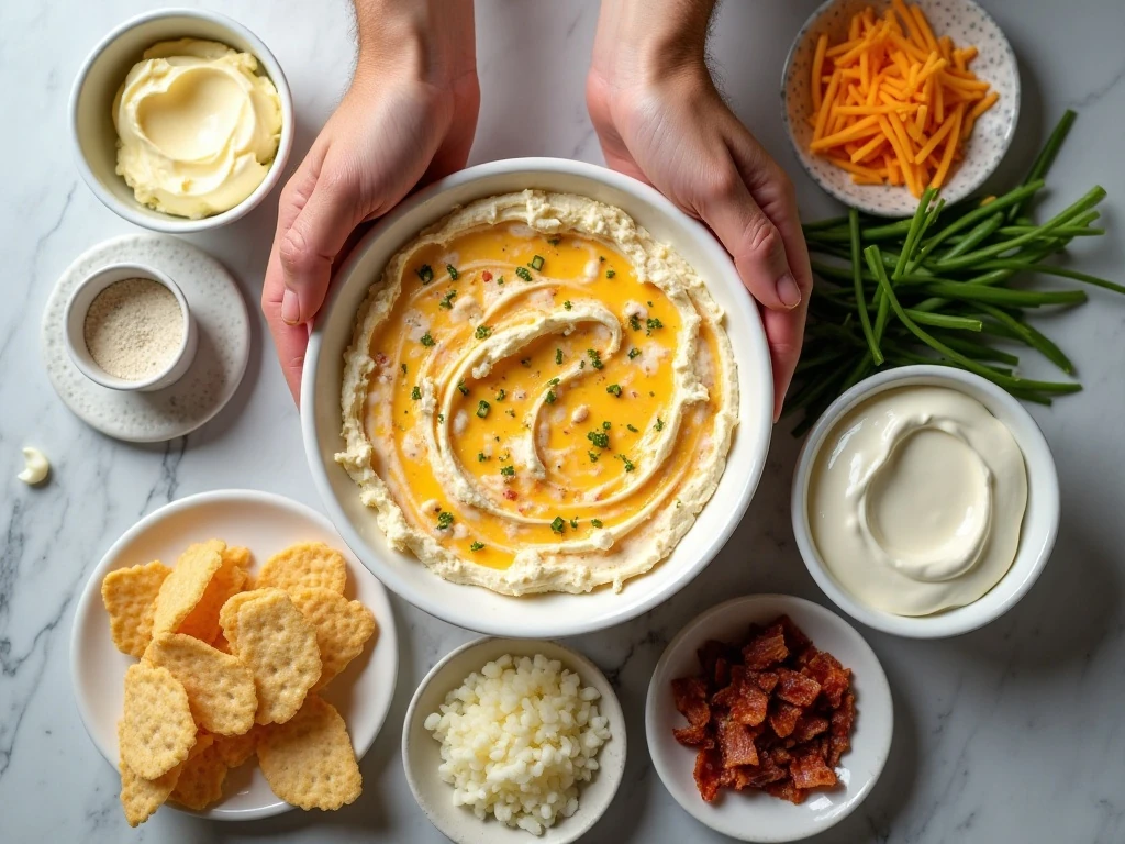 Ingredients for creamy bacon and cheese dip arranged for cooking