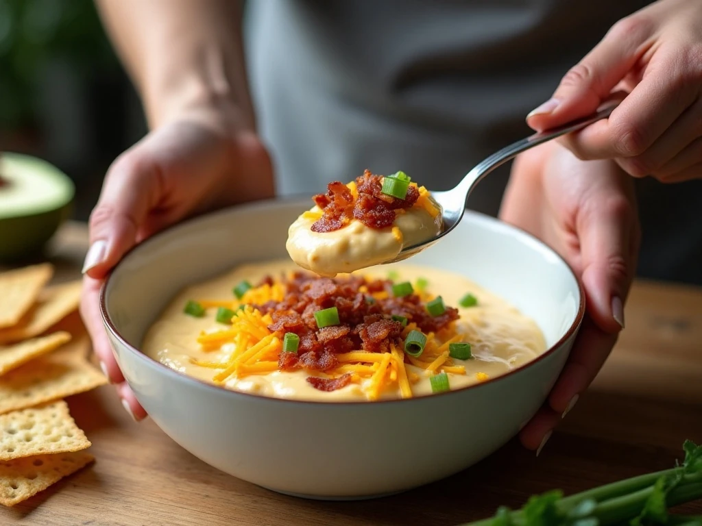 Mixing bacon, cheese, and green onions into the creamy dip base